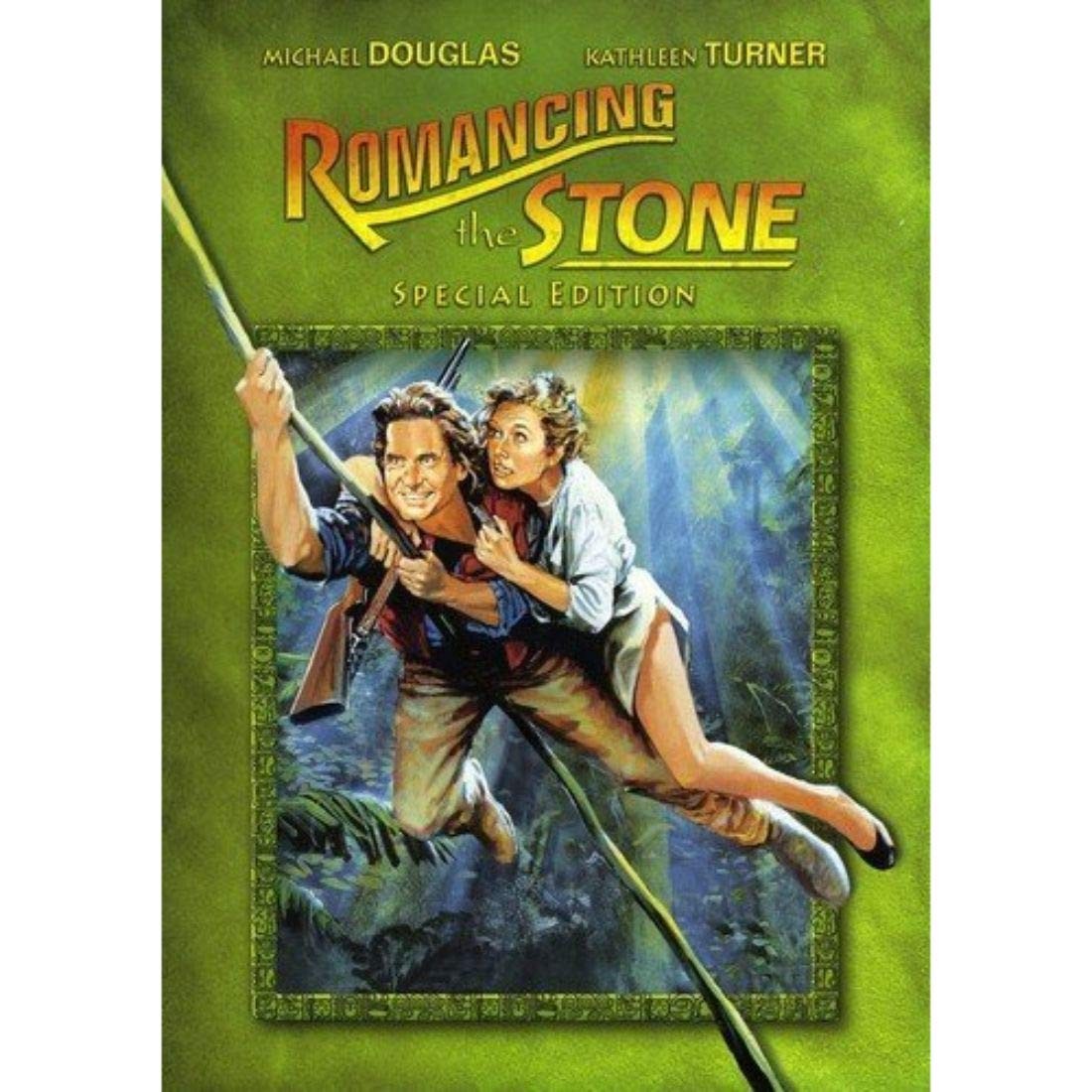 DVD cover for "Romancing the Stone" featuring a couple in a jungle.
