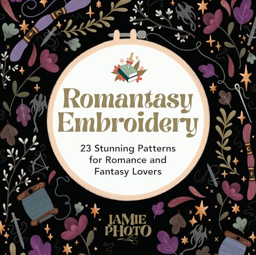 Book cover with embroidery tools, flowers, and the title "Romantasy Embroidery.