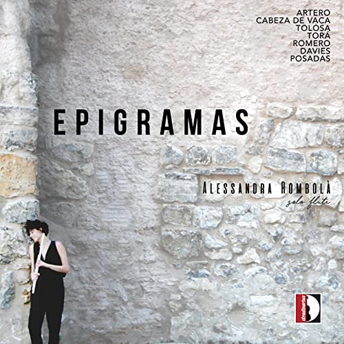 CD cover for "Epigramas" by Rombola, featuring a stone wall and flutist.