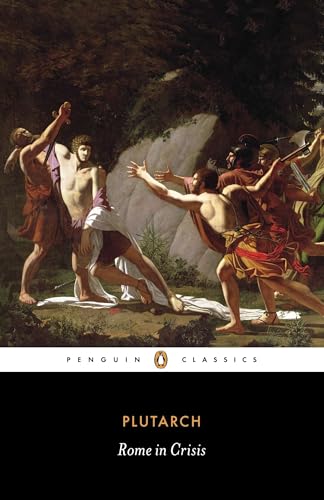 Ancient Roman battle scene painting, book cover for "Rome in Crisis.