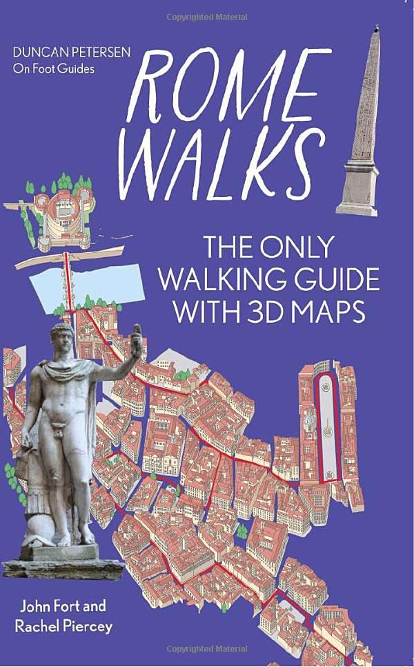 Book cover titled Rome Walks featuring a 3D city map, statue, and obelisk illustration.