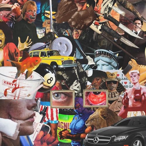 Collage of faces, objects, and vehicles with a chaotic, layered aesthetic.