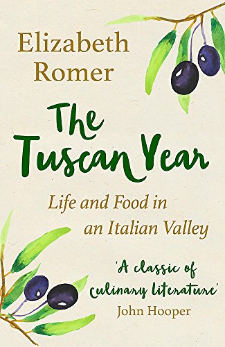 Book cover: "The Tuscan Year" with olives and green branches.