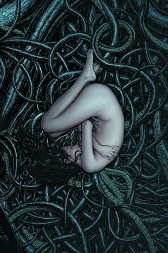 Naked figure curled amongst dense, twisting blue-green tendrils.