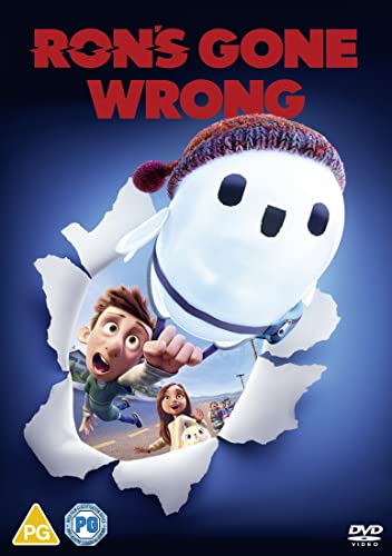 Ron's Gone Wrong" DVD cover featuring a boy, a girl, and a robot bursting through paper.