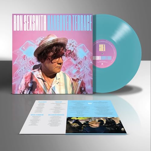 Ron Sexsmith's "Hangover Terrace" turquoise vinyl record with album artwork and lyric sheet.