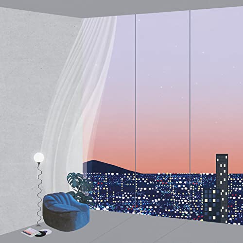 Illustration of a room with a beanbag chair overlooking a city at sunset.