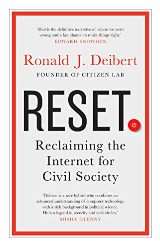 Book cover: “RESET” by Ronald J. Deibert, with red border and power button.