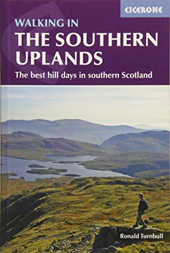 Book cover titled Walking in the Southern Uplands featuring a hiker overlooking a lake.