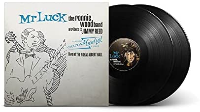 Sketch of man playing guitar on vinyl record cover with text and logo.