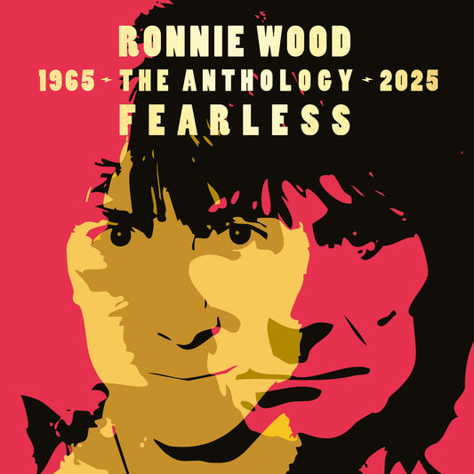 Ronnie Wood portrait in yellow and black, against a red background.