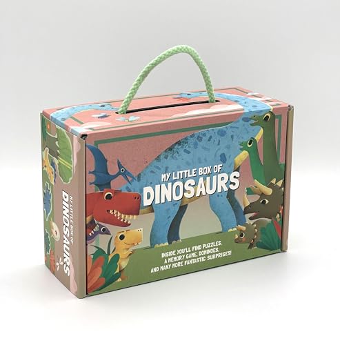Pink dinosaur-themed box with handle, featuring illustrated dinosaurs.