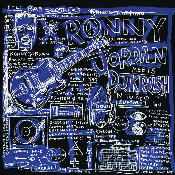 Colourful LP cover for “Ronny Jordan Meets DJ Krush - Bad Brothers” with sketched design.