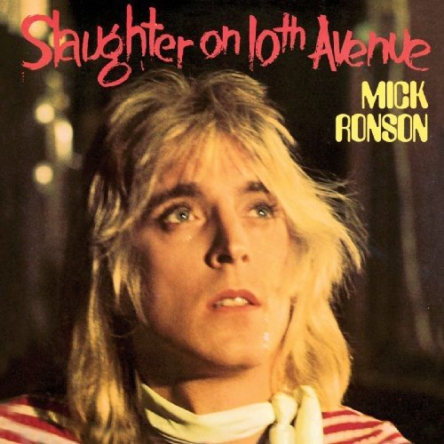 Mick Ronson's album cover featuring a close-up of his face with red and yellow text.