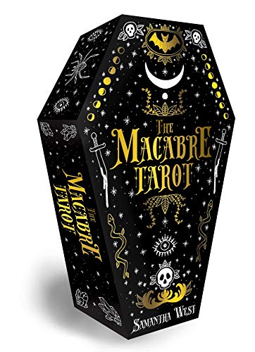 Coffin-shaped tarot deck box with gold foil details and spooky imagery.