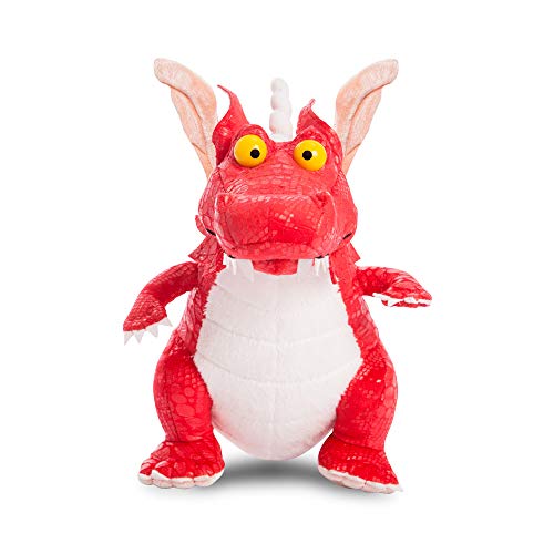 Red and white plush dragon toy with yellow eyes and small horns.