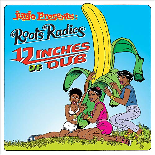 "CD cover art featuring three women with a giant banana against a blue sky."