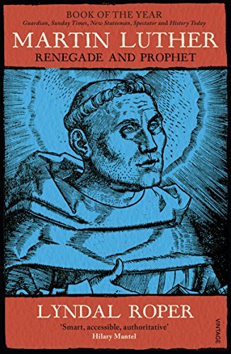 Book cover featuring a blue woodcut-style portrait of Martin Luther on an orange background.