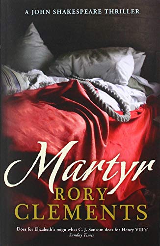 Book cover: "Martyr" by Rory Clements, featuring a rumpled red bed.