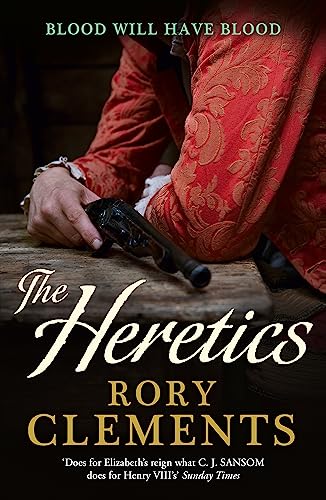 A person in a red patterned doublet rests a hand on a pistol.
