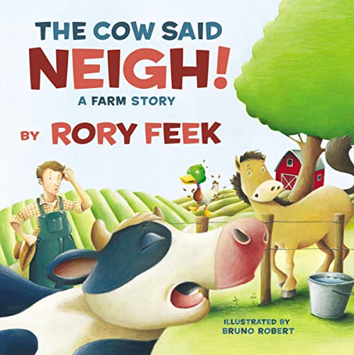Board book cover with a cow, horse, duck, and farmer in a field.