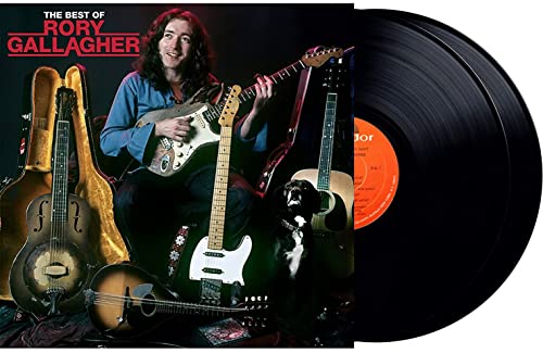 Rory Gallagher album cover and vinyl record with guitars and a dog.