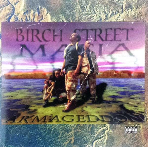 Three men stand in a landscape under a purple sky on this album cover.