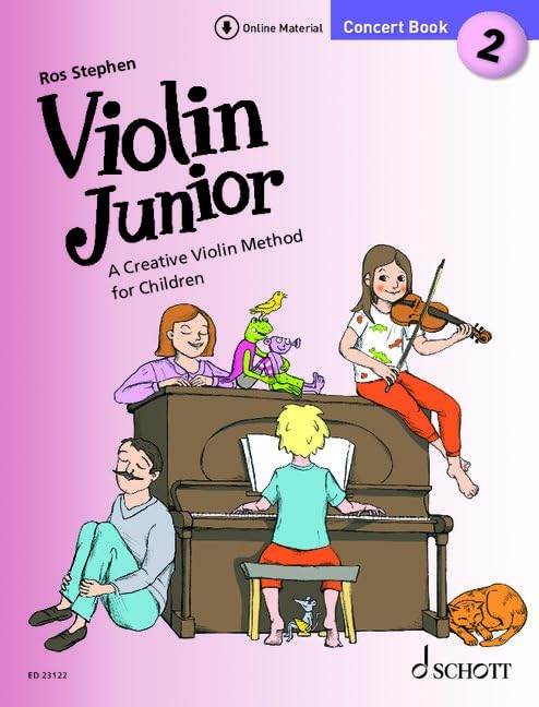 Violin Junior" Concert Book 2 cover with children playing violin and piano.