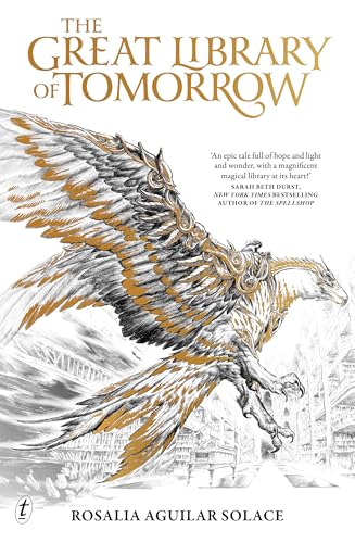Book cover featuring a large, winged creature flying over a library with gold accents.
