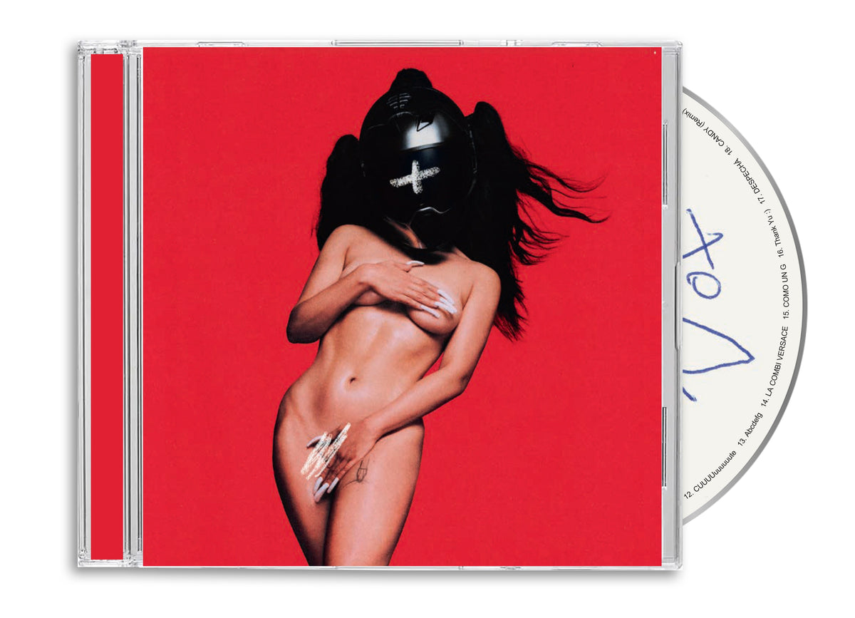Rosalía’s “MOTOMAMI+” CD cover: woman with helmet, red background.