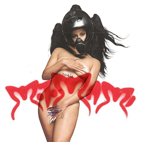 Rosalía album cover: artist in helmet and mask, red paint splashes.