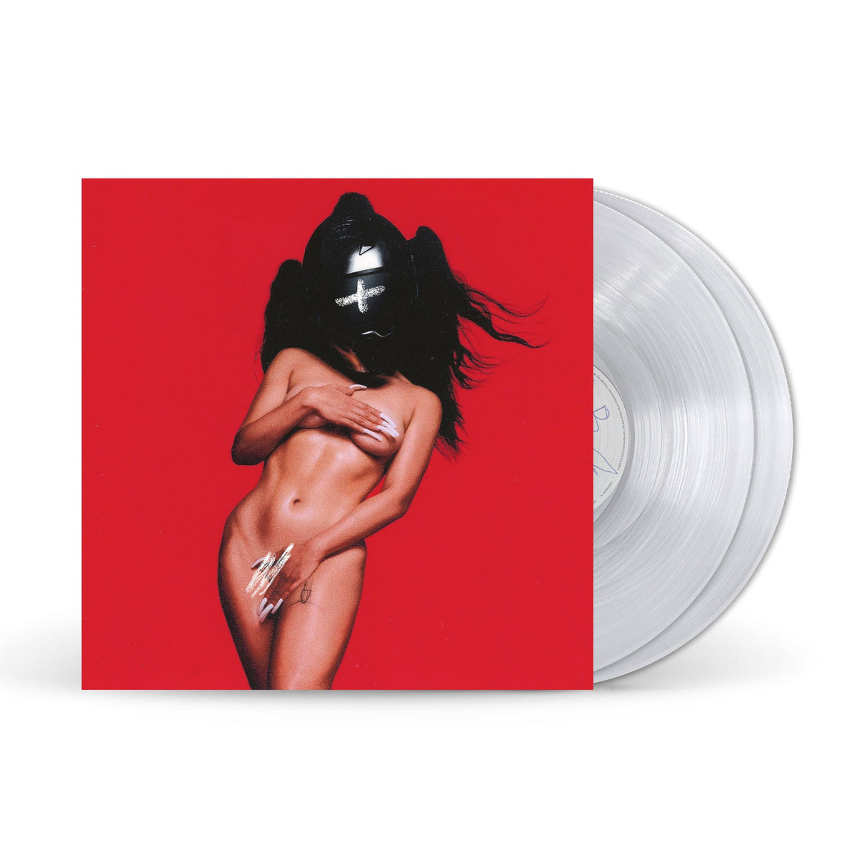 Rosalía’s “Motomami” vinyl record with a red cover and nude figure.