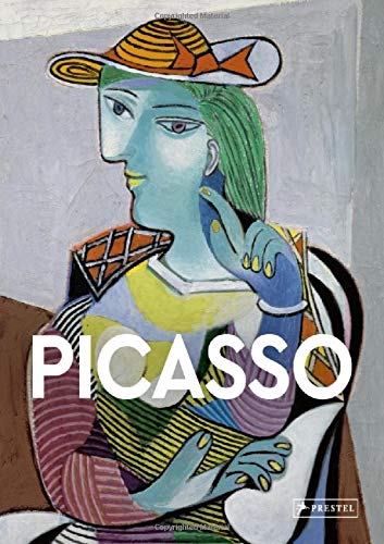Cubist painting of a woman in a striped hat with the text Picasso overlaid.