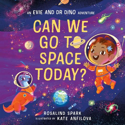Book cover: girl in spacesuit with a dinosaur, Earth, and planets.