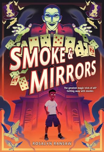 Book cover: magician, boy, playing cards, doves, and dramatic shadows.