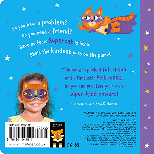 Book cover featuring a cartoon cat superhero and a child wearing a mask.