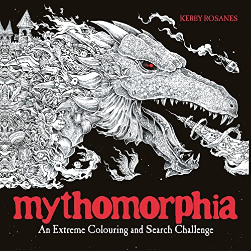 Intricate black and white illustration of a dragon with hidden objects.