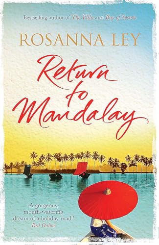 Book cover: "Return to Mandalay" with a tropical beach scene and red umbrella.