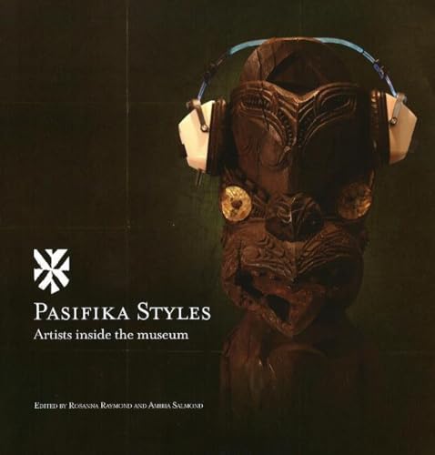 Carved wooden mask with headphones, book cover for "Pasifika Styles".