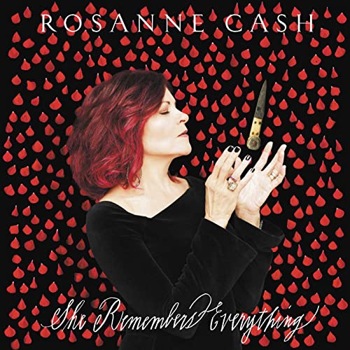 Rosanne Cash album cover: portrait with red droplets and a knife.