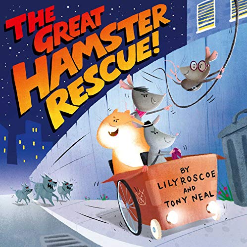 Hamster riding a cardboard car, pursued by dogs, illustrated children’s book cover.