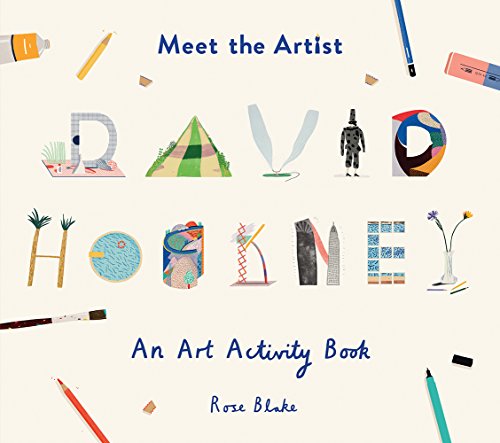 Book cover titled Meet the Artist David Hockney with illustrated letters and art supplies.