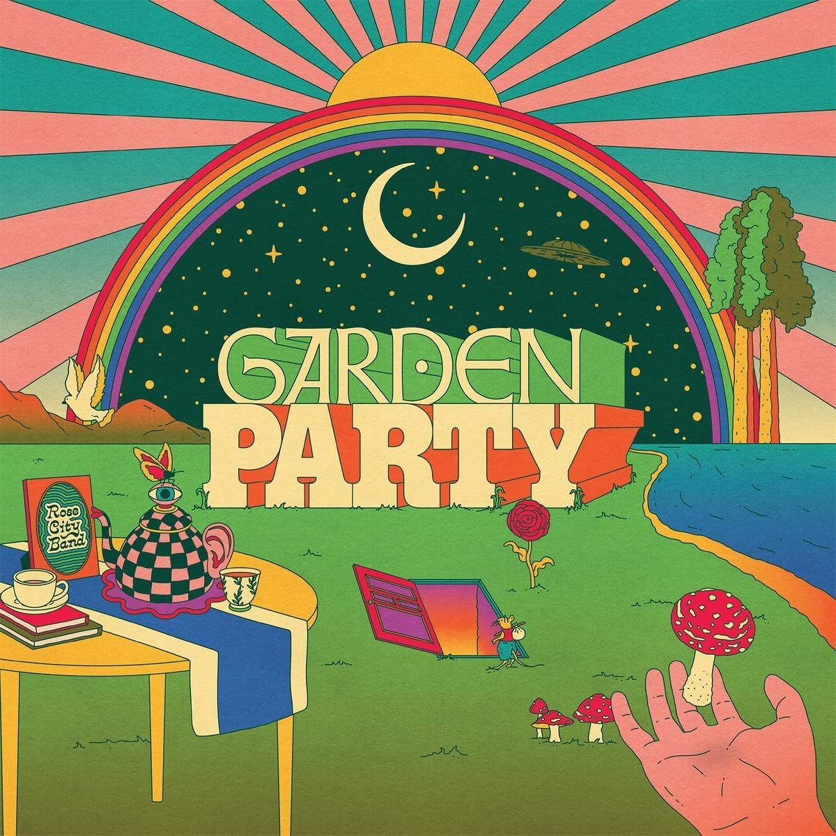 Psychedelic album cover with rainbow, garden scene, and floating hand.