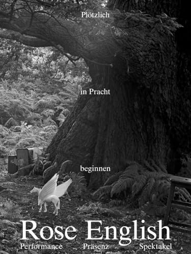 Black and white book cover with a tree, unicorn, and text.