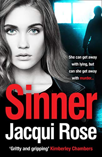 Book cover: woman's face, large red title "Sinner" by Jacqui Rose.