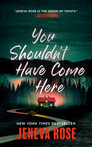 Book cover: dark forest, winding road, small house with glowing windows.