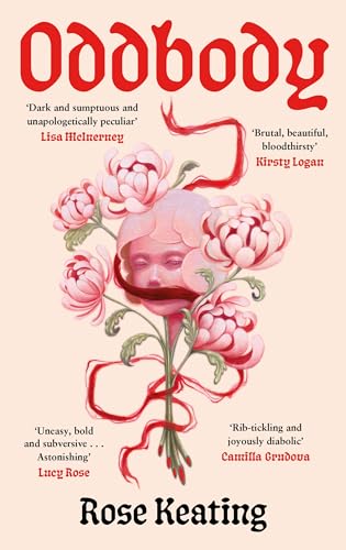 Book cover: face amongst pink flowers with red ribbon, title "Oddbody".