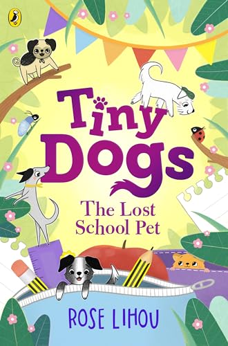 Book cover illustration featuring cartoon dogs, school supplies, and colorful bunting on yellow background.