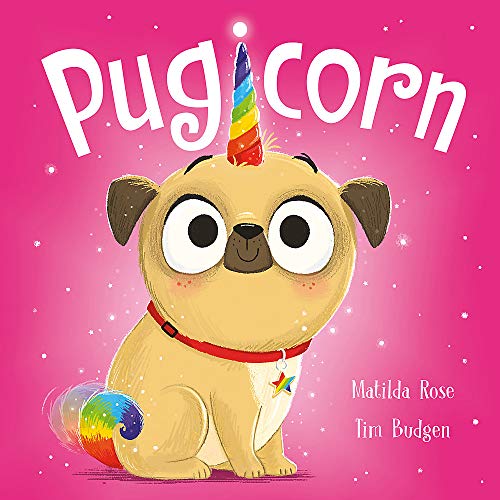 Illustration of a tan pug with a rainbow unicorn horn and tail.
