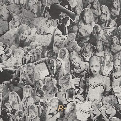 Black and white collage of a woman’s face and figures, with “R” logo.